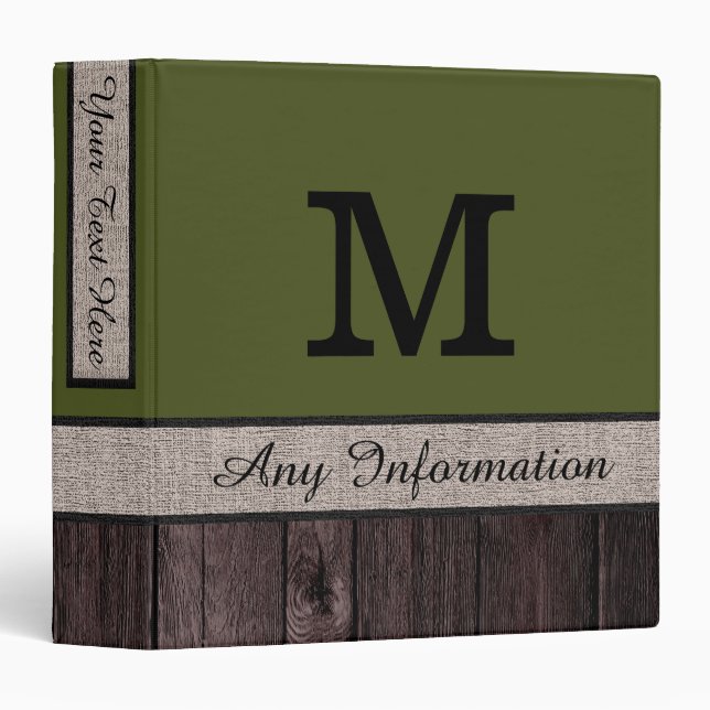 Army Green Colour Rustic Look Wood Monogram Binder (Front/Spine)