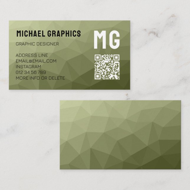 Army green geometric mesh pattern QR code  Business Card (Front/Back)