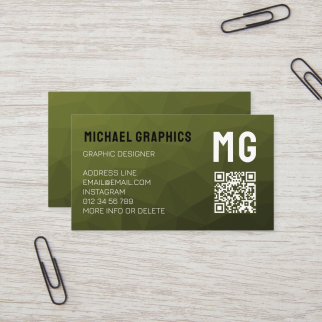 Army green geometric mesh pattern QR code  Business Card (Front/Back In Situ)