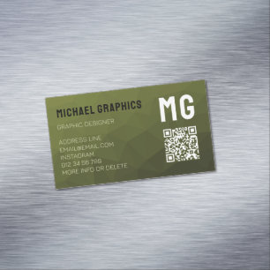 Army green geometric mesh pattern QR code Magnetic Business Card