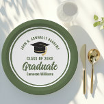 Army Green Graduate Military Graduation Party Paper Plate<br><div class="desc">This white and army green custom graduation party paper plate features classy typography of your military academy,  high school,  or college name for the class of 2025. Customize with your graduating year under the chic white handwritten script and black grad cap for great personalized graduate decor.</div>