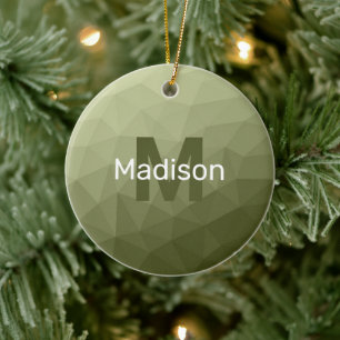 Army green light gradient geometric mesh Monogram Ceramic Ornament