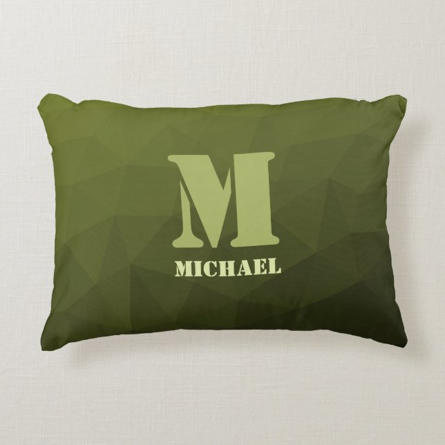 Army green olive geometric mesh pattern Monogram Accent Pillow (Front)