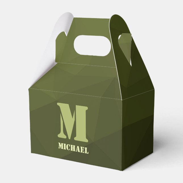 Army green olive geometric mesh pattern Monogram Favor Box (Front Side)
