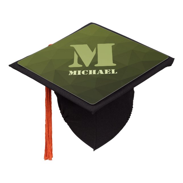 Army green olive geometric mesh pattern Monogram Graduation Cap Topper (Angled)
