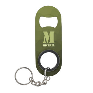 Army green olive geometric mesh pattern Monogram Keychain Bottle Opener