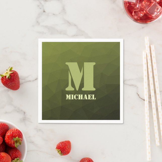 Army green olive geometric mesh pattern Monogram Napkin (Insitu)