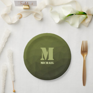 Army green olive geometric mesh pattern Monogram Paper Plate