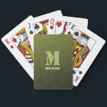 Army green olive geometric mesh pattern Monogram Playing Cards<br><div class="desc">Monogram Personalize gift for him with your custom initial and name. Army green olive gradient geometric mesh pattern. Army green gradient geometric mesh pattern triangles ombre. Army green dark olive hue for soldier gear, camo. It mimics natural military landscapes, toughness, endurance, resilience. Earthy undertones connect to nature, grounding. Symbolizes military...</div>