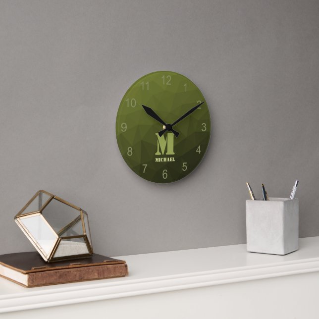 Army green olive geometric mesh pattern Monogram Round Clock (Office)