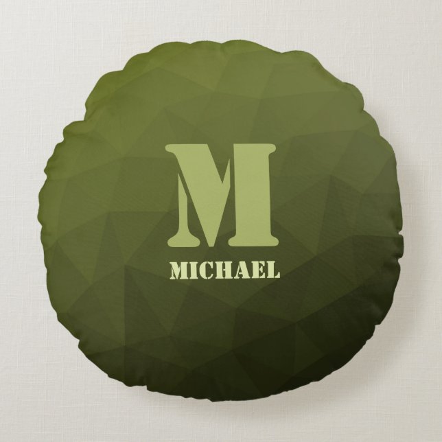 Army green olive geometric mesh pattern Monogram Round Pillow (Front)