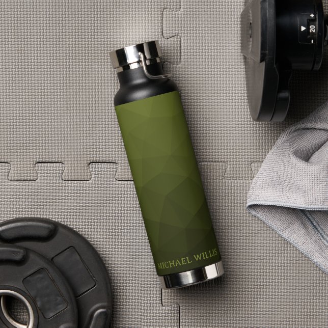 Army green olive geometric mesh pattern Your name Water Bottle (Gym)