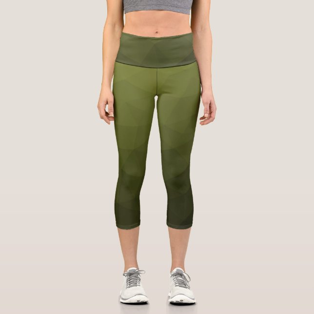 Army green olive gradient geometric mesh pattern capri leggings (Front)