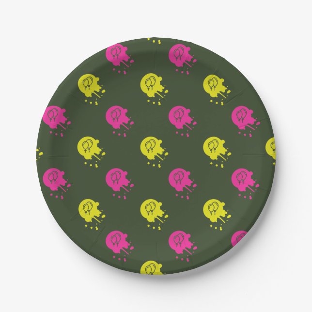 Army Green - Pink & Yellow Paintball Party Paper Plate (Front)