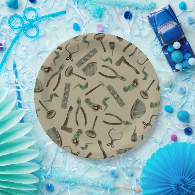 Army Green Watercolor Construction Tools Paper Plate (Party)