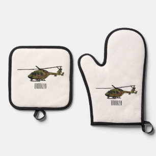 Army helicopter cartoon illustration  oven mitt & pot holder set