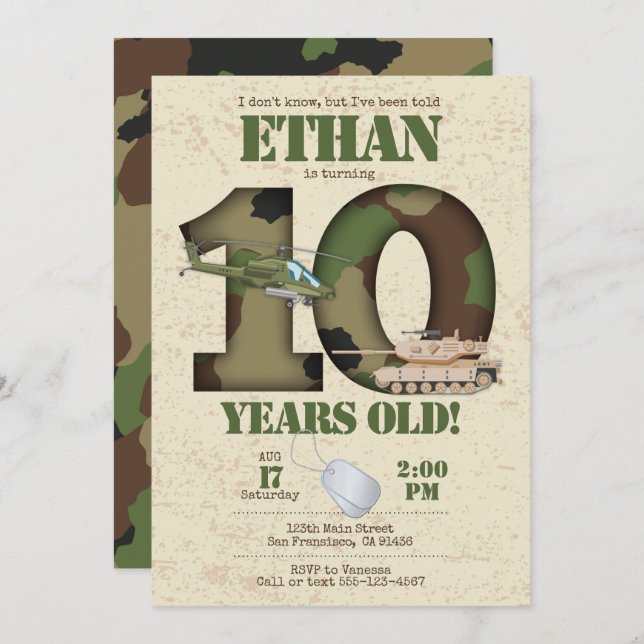 Army Invitation - 10th Birthday Invitation (Front/Back)