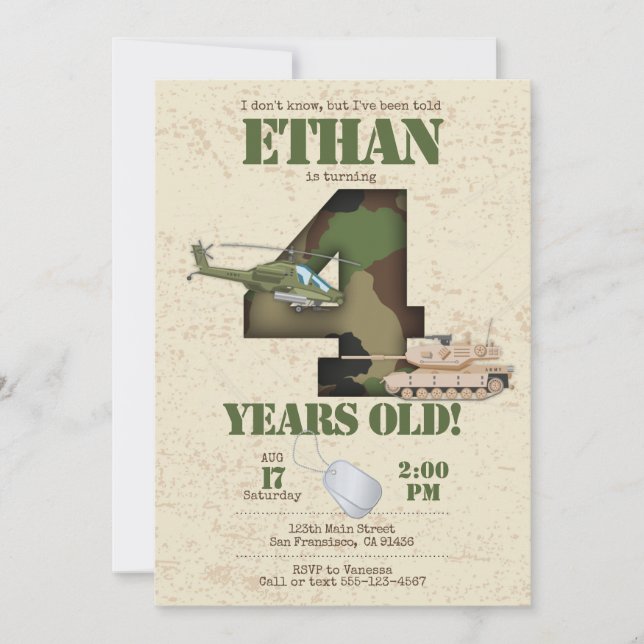 Army Invitation - 4th Birthday Invitation (Front)