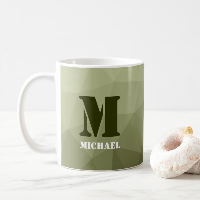 Army light green geometric mesh pattern Monogram Coffee Mug (With Donut)