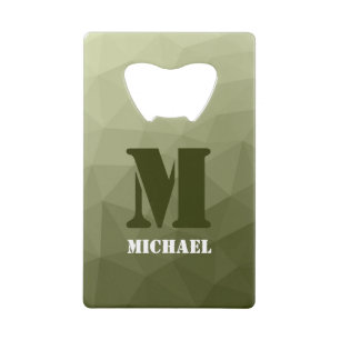Army light green geometric mesh pattern Monogram Credit Card Bottle Opener