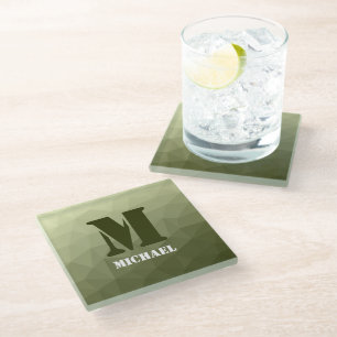 Army light green geometric mesh pattern Monogram Glass Coaster
