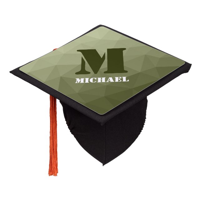 Army light green geometric mesh pattern Monogram Graduation Cap Topper (Angled)