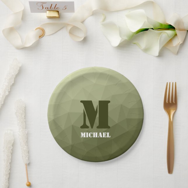 Army light green geometric mesh pattern Monogram Paper Plate (Wedding)