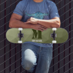 Army light green geometric mesh pattern Monogram Skateboard<br><div class="desc">Monogram Personalize with your custom initial and name. Army green gradient geometric mesh pattern triangles ombre. 
Triangle geometric mesh with light dark grey green ombre gradient. 
military,  army,  pattern,  ombre,  mesh,  triangles,  geometry,  geometric,  gradient,  cool,  triangle,  green</div>