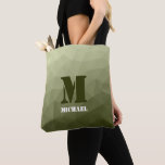 Army light green geometric mesh pattern Monogram Tote Bag<br><div class="desc">Monogram Personalize with your custom initial and name. Army green gradient geometric mesh pattern triangles ombre.
Triangle geometric mesh with light dark grey green ombre gradient.
military, army, pattern, ombre, mesh, triangles, geometry, geometric, gradient, cool, triangle, green</div>