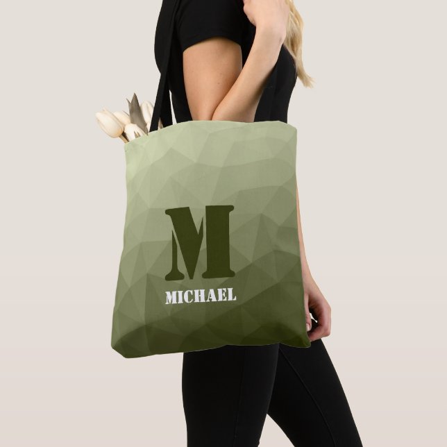 Army light green geometric mesh pattern Monogram Tote Bag (Close Up)