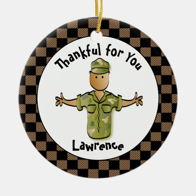 Army Man Cartoon Veteran Ethnic Personalized  Ceramic Ornament (Front)
