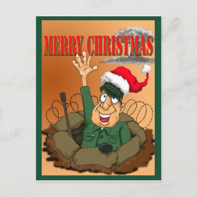 Army Man Waving with Santa Hat Holiday Postcard (Front)