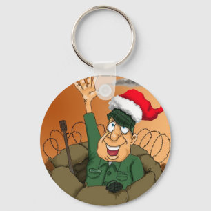 Army Man Waving with Santa Hat Keychain