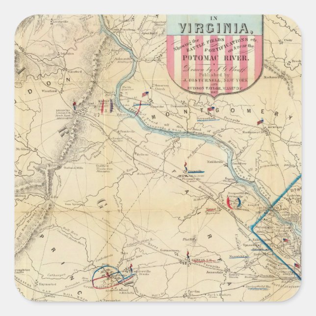 Army Map of The Seat of War In Virginia Square Sticker (Front)