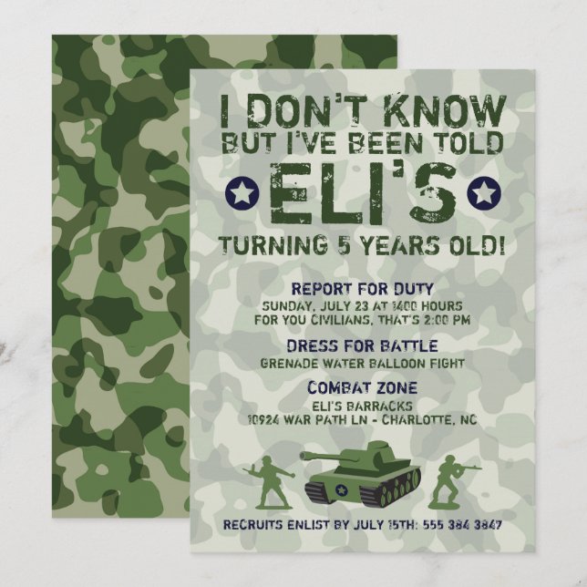 Army Military Birthday Party Invitation (Front/Back)