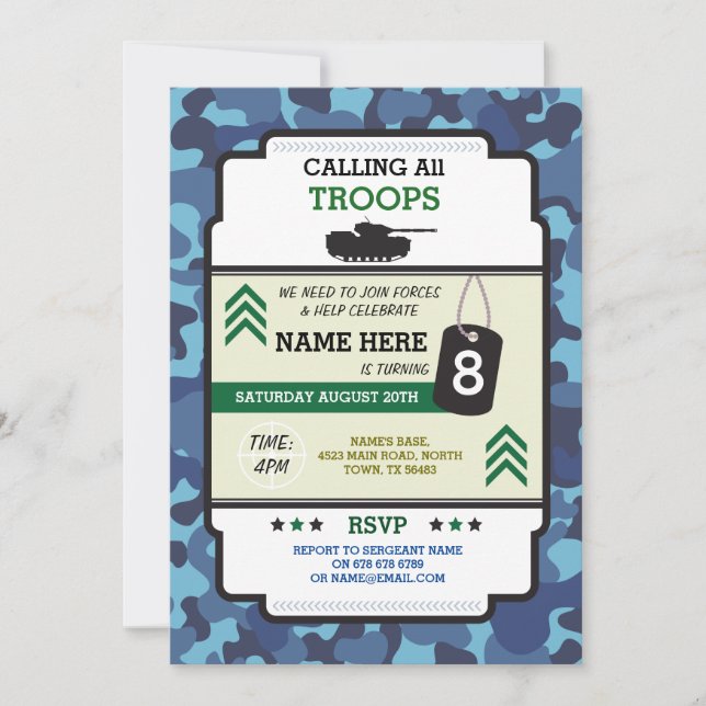 ARMY SOLDIER TROOPS TANK GUN INVITE BIRTHDAY PARTY (Front)