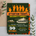 Army Soldiers Military Camo Birthday Invitation<br><div class="desc">Invite your guests with this cool military theme birthday party invitation featuring an orange silhouette of soldiers and army vehicles with modern typography against a green background. Simply add your event details on this easy-to-use template to make it a one-of-a-kind invitation. Flip the card over to reveal a beautiful orange...</div>