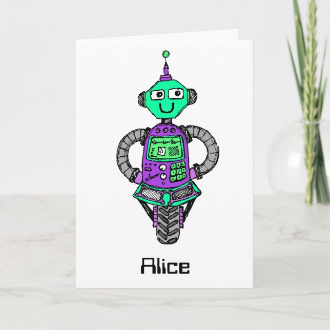 Arnie robot, purple and green card (Front)