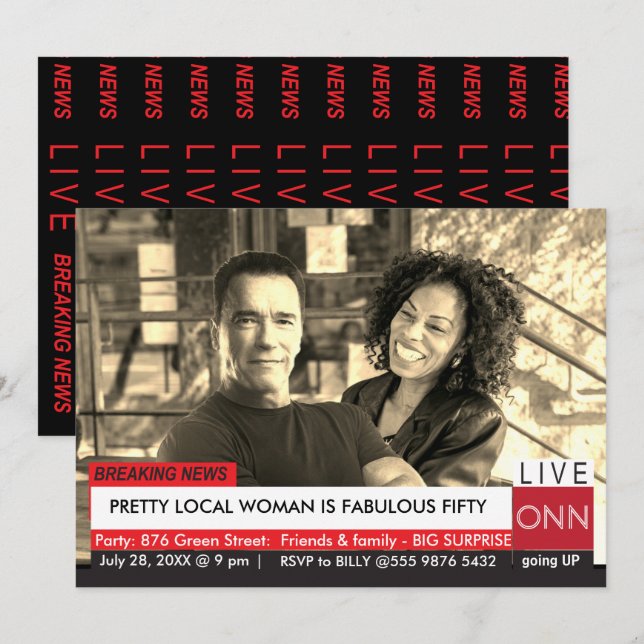 Arnold Schwarzenegger 50th Birthday Funny TV News Invitation (Front/Back)