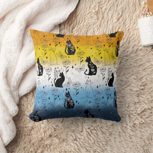 AroAce Agender Pride Black Cat - Mystical Witchy Throw Pillow (Blanket)
