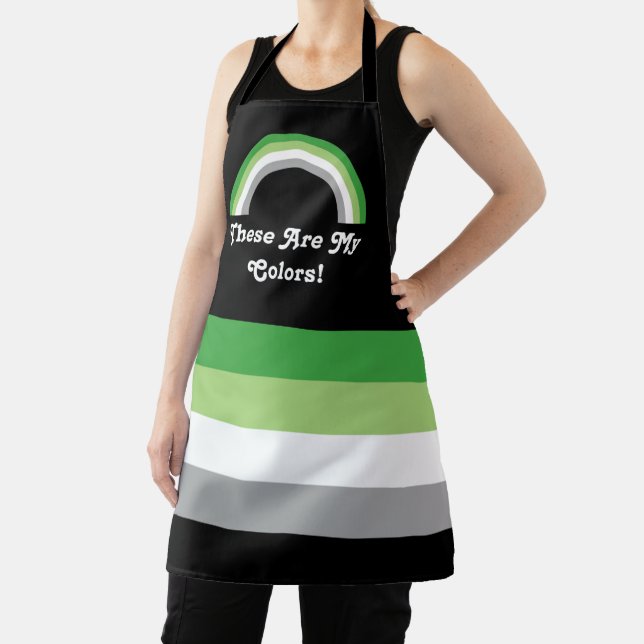 Aromantic pride flag and rainbow with a text apron (Insitu)