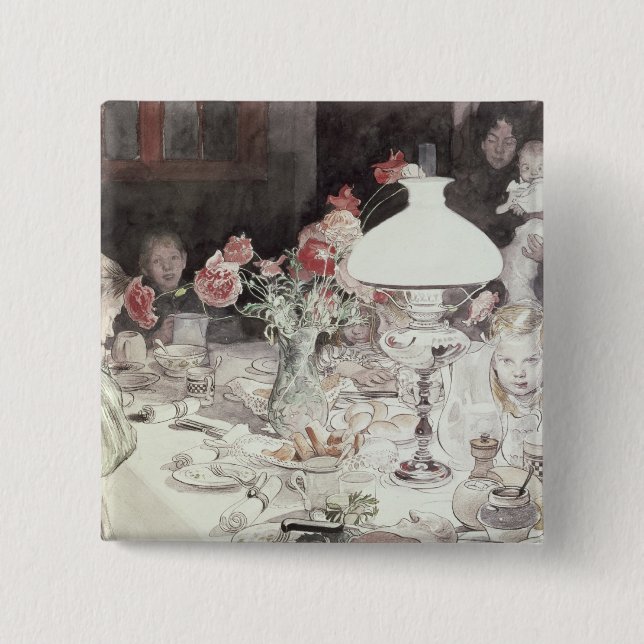 Around the Lamp at Evening, 1900 (w/c on paper) 2 Inch Square Button (Front)