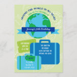 Around The World 90th Birthday Invitation<br><div class="desc">Fun and modern invitation with an Around The World theme. Features the Earth Globe, suitcases, and passport stamps in the background. Eye-catching and unisex design ideal for a 90th birthday party. Add the birthday name on the front ribbon for a focal point. The colour palette is easy to match with...</div>