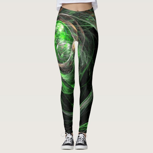 Around the World Green Abstract Art Leggings (Front)