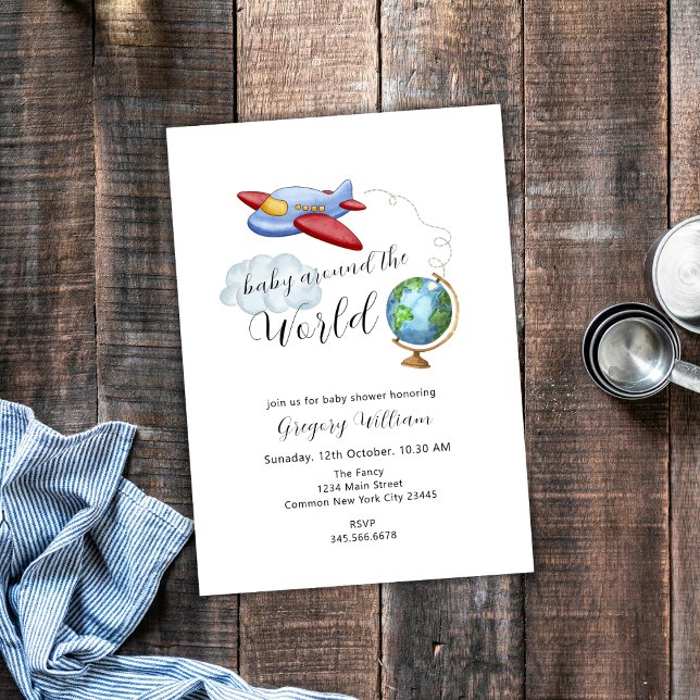 Around The World Map Airplane Baby Shower  Invitation (Around The World Map Airplane Baby Shower Invitation)
