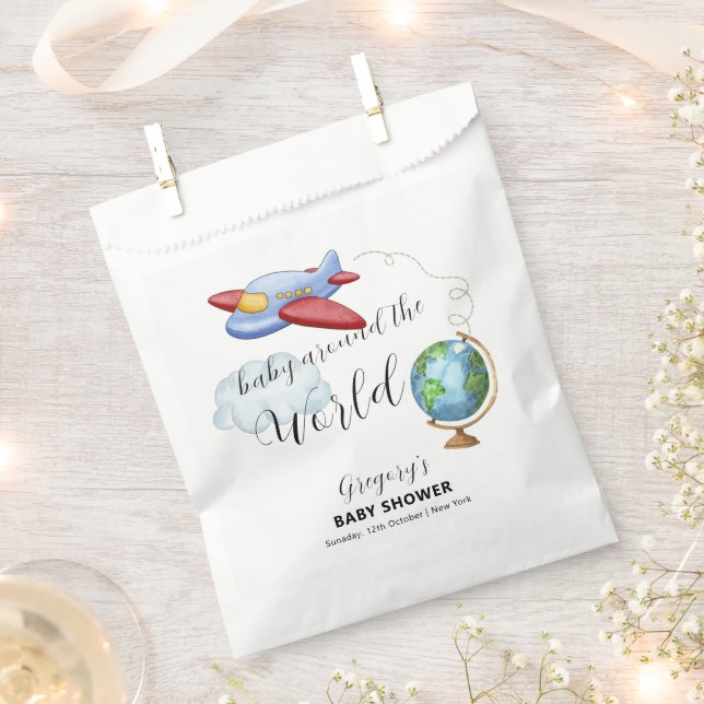 Around The World Map Airplane Boy Baby Shower Favour Bag (Clipped)