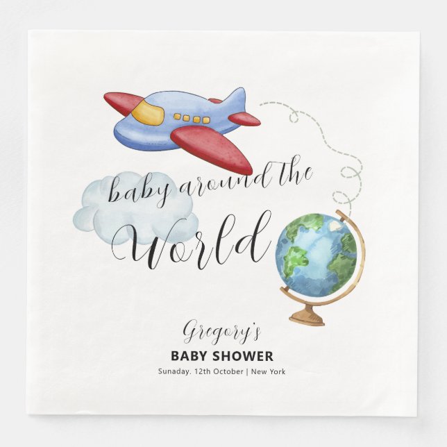 Around The World Map Airplane Boy Baby Shower Napkin (Front)