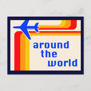 around the world : retro stripes invitation postcard