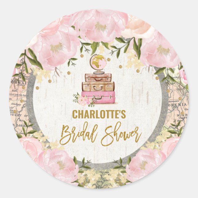 Around the World Travel Map Floral Bridal Shower Classic Round Sticker (Front)