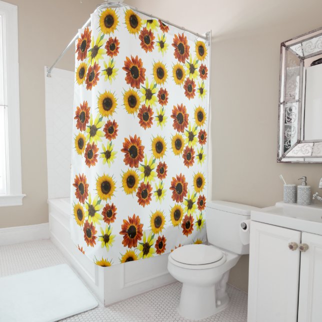 Array of Colourful Sunflowers Shower Curtains (In Situ)